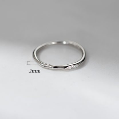 Cubic Zirconia Irregular Wavy Slim S925 Sterling Silver Vintage Textured Minimalist Delicate Stacking Ring