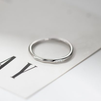 Cubic Zirconia Irregular Wavy Slim S925 Sterling Silver Vintage Textured Minimalist Delicate Stacking Ring