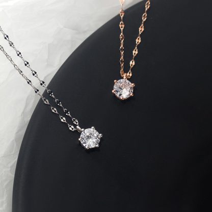 Cubic Zirconia Minimalist Round Solitaire Six Prong S925 Sterling Silver Necklace