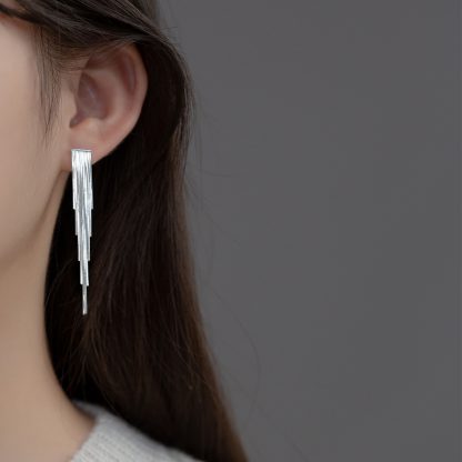 Geometric Line Drop Design S925 Silver Long Snake Chain Tassel Stud Earrings