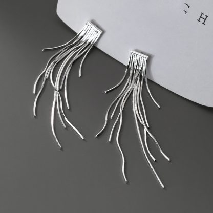 Geometric Line Drop Design S925 Silver Long Snake Chain Tassel Stud Earrings