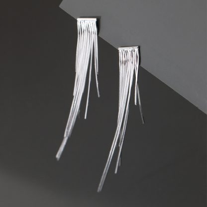 Geometric Line Drop Design S925 Silver Long Snake Chain Tassel Stud Earrings