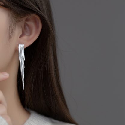 Geometric Line Drop Design S925 Silver Long Snake Chain Tassel Stud Earrings