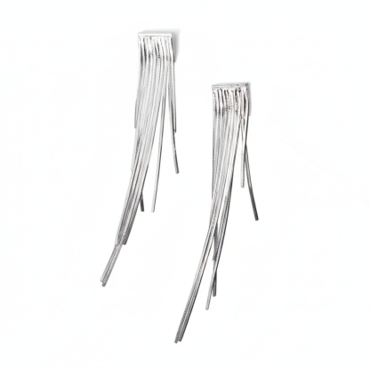 Geometric Line Drop Design S925 Silver Long Snake Chain Tassel Stud Earrings