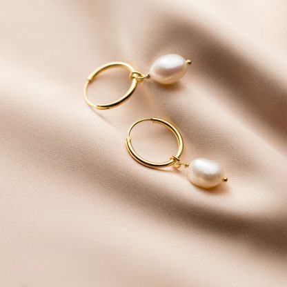 S925 Silver Geometric Oval Baroque Pearl Hoop Drop Earrings