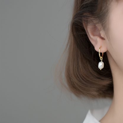 S925 Silver Geometric Oval Baroque Pearl Hoop Drop Earrings