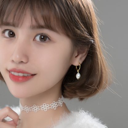 S925 Silver Geometric Oval Baroque Pearl Hoop Drop Earrings