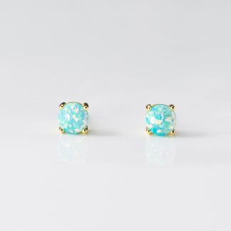 Geometric Four Prong Minimalist Delicate Round Blue White Green Opal S925 Sterling Silver Stud Earrings