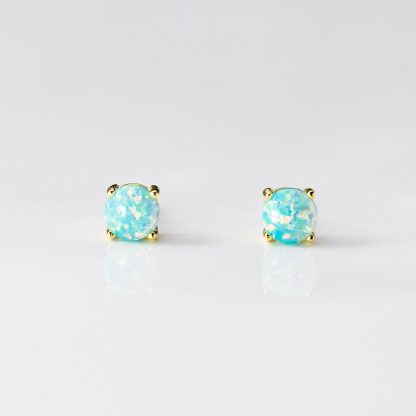 Geometric Four Prong Minimalist Delicate Round Blue White Green Opal S925 Sterling Silver Stud Earrings