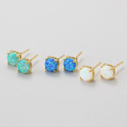 Geometric Four Prong Minimalist Delicate Round Blue White Green Opal S925 Sterling Silver Stud Earrings