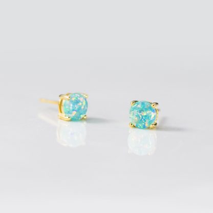Geometric Four Prong Minimalist Delicate Round Blue White Green Opal S925 Sterling Silver Stud Earrings