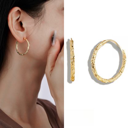 Geometric Textured Solid 925 Sterling Silver Round Circle Hoop Earrings