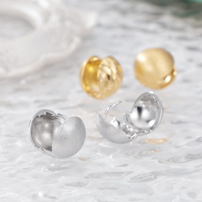 Modern Minimalist Fashion Jewelry Geometric Brushed Matte And Diamond Cut Laser Texture Hinged Clip  Round Dome Pure Metal 925 Sterling Silver Earrings