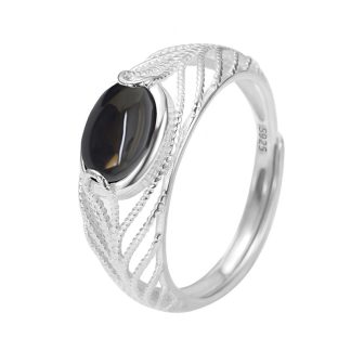 Geometric U-Shape Black Onyx Open Adjustable 925 Sterling Silver Ring
