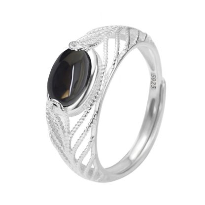 Geometric U-Shape Black Onyx Open Adjustable 925 Sterling Silver Ring