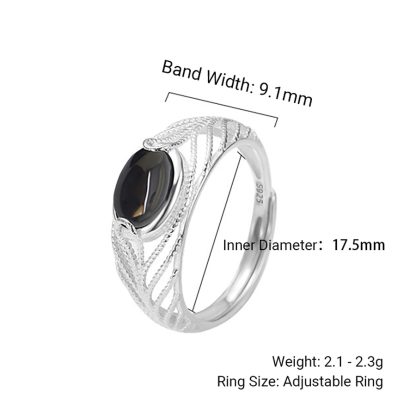 Geometric U-Shape Black Onyx Open Adjustable 925 Sterling Silver Ring