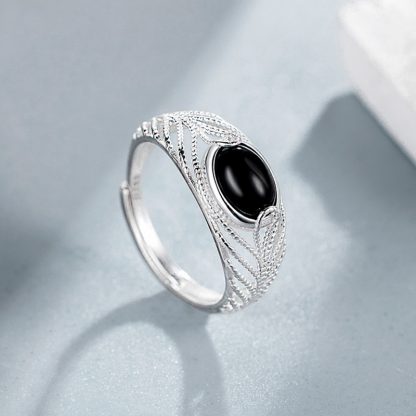 Geometric U-Shape Black Onyx Open Adjustable 925 Sterling Silver Ring