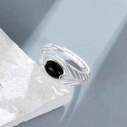 Geometric U-Shape Black Onyx Open Adjustable 925 Sterling Silver Ring