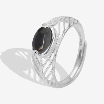 Geometric U-Shape Black Onyx Open Adjustable 925 Sterling Silver Ring