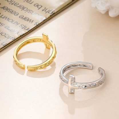 Cross Design Textured Wrinkle Pattern 925 Sterling Silver Adjustable Ring