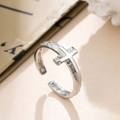 Cross Design Textured Wrinkle Pattern 925 Sterling Silver Adjustable Ring