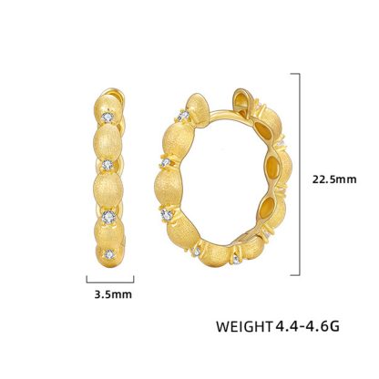 Geometric Hoop Cubic Zirconia Brushed Oval Bead 18K Gold Plated 925 Sterling Silver Earrings