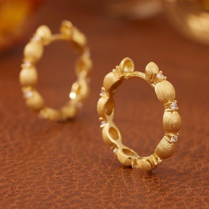Geometric Hoop Cubic Zirconia Brushed Oval Bead 18K Gold Plated 925 Sterling Silver Earrings