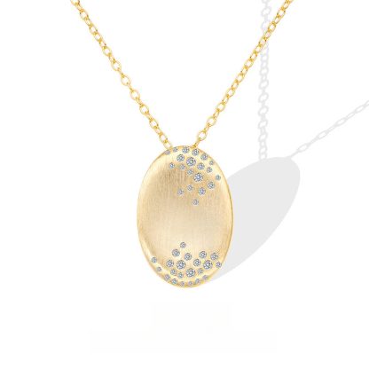Geometric Oval Brushed Finish Cubic Zirconia 18K Gold Plated 925 Sterling Silver Pendant Necklace