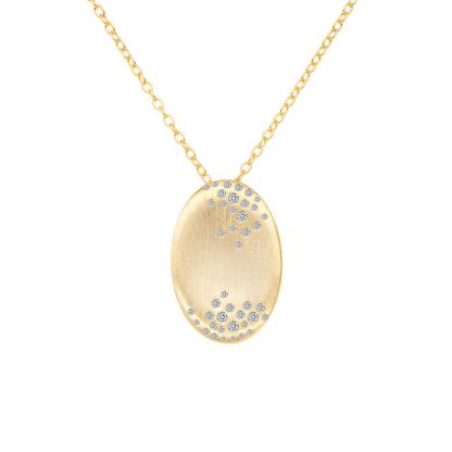 Geometric Oval Brushed Finish Cubic Zirconia 18K Gold Plated 925 Sterling Silver Pendant Necklace