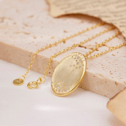 Geometric Oval Brushed Finish Cubic Zirconia 18K Gold Plated 925 Sterling Silver Pendant Necklace
