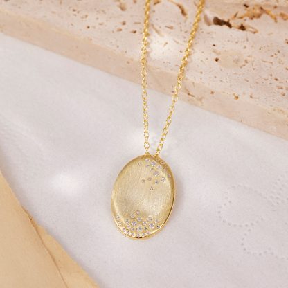 Geometric Oval Brushed Finish Cubic Zirconia 18K Gold Plated 925 Sterling Silver Pendant Necklace