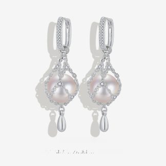 Elegant Net Design Freshwater Pearl 925 Sterling Silver Dangle Earrings