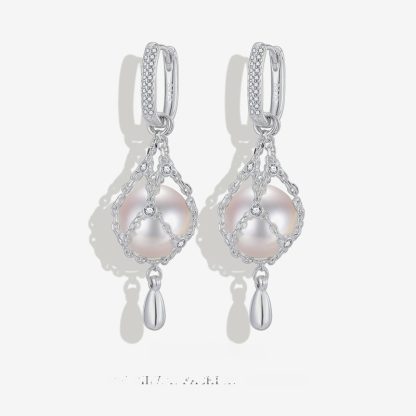 Elegant Net Design Freshwater Pearl 925 Sterling Silver Dangle Earrings