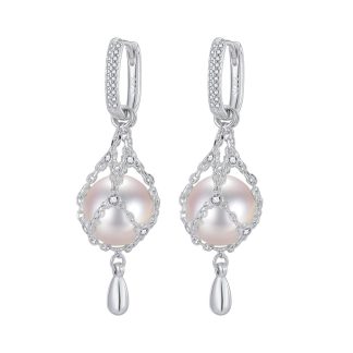 Elegant Net Design Freshwater Pearl 925 Sterling Silver Dangle Earrings
