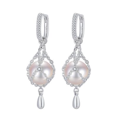 Elegant Net Design Freshwater Pearl 925 Sterling Silver Dangle Earrings