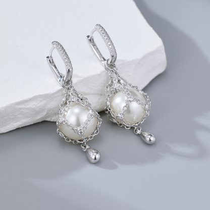 Elegant Net Design Freshwater Pearl 925 Sterling Silver Dangle Earrings