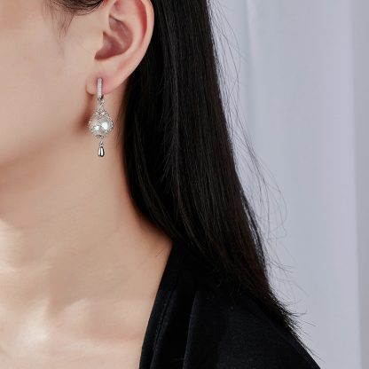 Elegant Net Design Freshwater Pearl 925 Sterling Silver Dangle Earrings