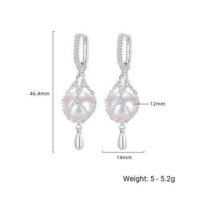 Elegant Net Design Freshwater Pearl 925 Sterling Silver Dangle Earrings
