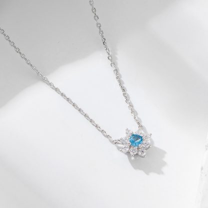 Beautiful Blue White CZ Flower 925 Sterling Silver Necklace