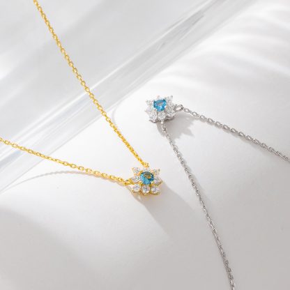 Beautiful Blue White CZ Flower 925 Sterling Silver Necklace