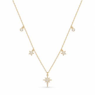 Celestial North Star And Five Point Star Cubic Zirconia 925 Sterling Silver Station Chain Necklace