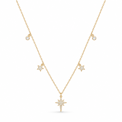 Celestial North Star And Five Point Star Cubic Zirconia 925 Sterling Silver Station Chain Necklace