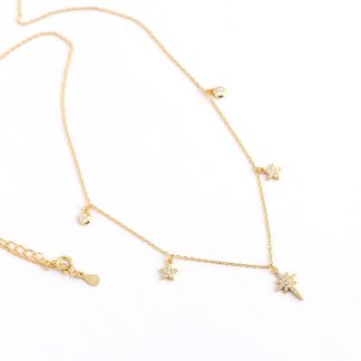 Celestial North Star And Five Point Star Cubic Zirconia 925 Sterling Silver Station Chain Necklace