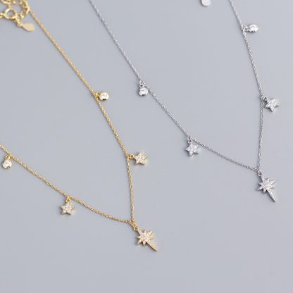 Celestial North Star And Five Point Star Cubic Zirconia 925 Sterling Silver Station Chain Necklace
