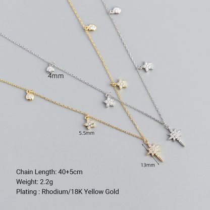 Celestial North Star And Five Point Star Cubic Zirconia 925 Sterling Silver Station Chain Necklace