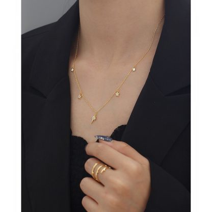 Celestial North Star And Five Point Star Cubic Zirconia 925 Sterling Silver Station Chain Necklace