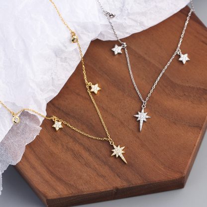Celestial North Star And Five Point Star Cubic Zirconia 925 Sterling Silver Station Chain Necklace