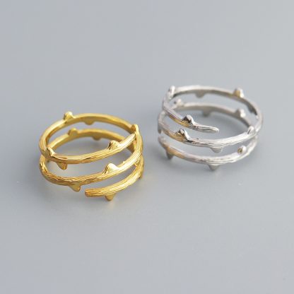 Thorn Branch Textured Wrap S925 Sterling Silver Open Band Adjustable Ring