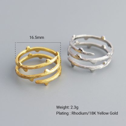 Thorn Branch Textured Wrap S925 Sterling Silver Open Band Adjustable Ring