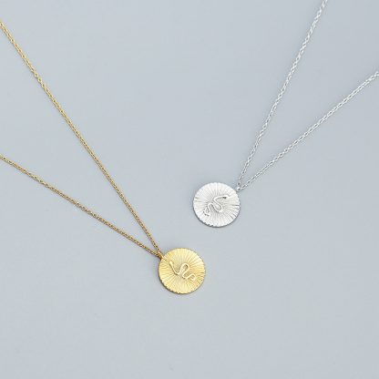 Snake Round Disc 925 Sterling Silver Sunburst Texture Coin Chain Pendant Necklace